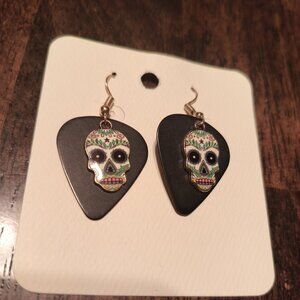 SUGAR SKULLS WHITE METAL CHARMS ON BLACK GUITAR PICK EARRINGS